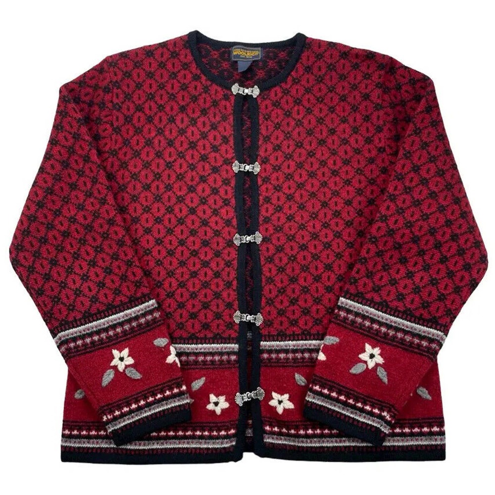 Vintage. WOOLRICH Women LARGE Red RUBY 100% Wool Floral Jacket